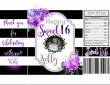 Load image into Gallery viewer, Sweet 16 Chip Bag Template | Purple and Black Sweet 16 Chip Bag Printable | Sweet 16 Birthday Chip bag Digital File | BD3