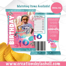 Load image into Gallery viewer, Birthday Chip Bags Digital File | Custom Chip bags Printable | Pink and Teal Chip bags | Girl Birthday Chip bags | Printable | B1