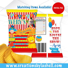 Load image into Gallery viewer, Circus Party Printable Chip bag, Circus Birthday Party Chip Bag, Circus Carnival Chip Wrapper, Kids Birthday party