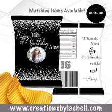 Load image into Gallery viewer, Birthday Chip Bags Template Black and Silver Chip bags Printable Custom Chip Bag Digital File BD2