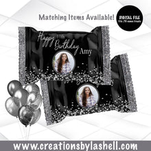 Load image into Gallery viewer, Birthday Krispie Treats Wrappers Template Sweet 16 Krispie Treats Wrappers Printable Black and Silver Birthday Favors File BD2