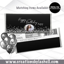 Load image into Gallery viewer, Birthday Candy Bar Wrapper Template | Chocolate Candy bar Wrappers Printable| Black and Silver Candy bar Wrappers | BD2