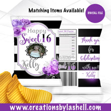 Load image into Gallery viewer, Sweet 16 Chip Bag Template | Purple and Black Sweet 16 Chip Bag Printable | Sweet 16 Birthday Chip bag Digital File | BD3
