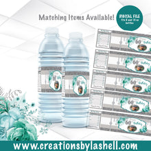 Load image into Gallery viewer, Birthday Water Bottle Labels Printable | Teal and Silver Water bottle Labels Digital File | Custom Water Bottle Labels Template | BD1