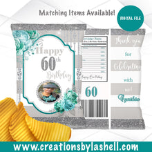 Load image into Gallery viewer, Birthday Chip Bag Printable | Teal and Silver Chip Bags Digital File | Birthday Chip Bag Template | BD1