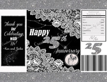 Load image into Gallery viewer, Anniversary Chip Bag Template | Wedding Anniversary Chip Bag Printable | Black and Silver Chip Bag Digital File | A2