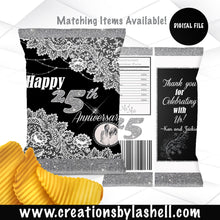 Load image into Gallery viewer, Anniversary Chip Bag Template | Wedding Anniversary Chip Bag Printable | Black and Silver Chip Bag Digital File | A2