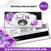 Load image into Gallery viewer, Sweet 16 Candy Bar Wrappers Template | Sweet 16 Chocolate Candy Bar Wrappers Printable | Shades of Purple Favor | BD3
