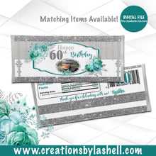 Load image into Gallery viewer, Birthday Candy Bar Wrappers Printable | Teal and Silver Chocolate Bar Wrappers Digital File | Chocolate Bar Wrappers | BD1