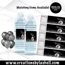 Load image into Gallery viewer, Birthday Water Bottle Labels | Black and Silver Water Bottle Labels | Birthday favors | Digital File | BD2