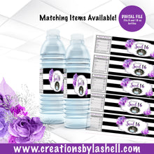 Load image into Gallery viewer, Sweet 16 Water Bottle Labels Printable | Sweet 16 Drink Label Digital File | Purple Sweet 16 Water Bottle Labels Template | BD3