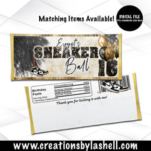 Load image into Gallery viewer, Sneaker Ball Candy Bar Wrapper Template Sneakers Party Chocolate Bar Wrappers Printable Black and Gold Candy Bar Wrappers File SB1