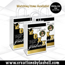 Load image into Gallery viewer, Graduation Gift Bag Template Black and Gold Graduation Gift Bag Label Printable Graduation Favor Bags Digital File G7