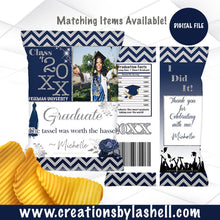 Load image into Gallery viewer, Graduation Chip Bags Digital File | Navy Blue and Silver Graduation Chip Bag Printable | Custom Graduation Favors | G13