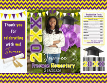 Load image into Gallery viewer, Graduation Chip Bags Digital File | Purple and Yellow Graduation Chip Bag Printable | Custom Graduation Favors | G14
