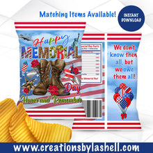 Load image into Gallery viewer, Memorial Day Chip Bag Instant Download Red White and Blue Chip bag Printable Honor and Remember Chip Bag Favors MD1