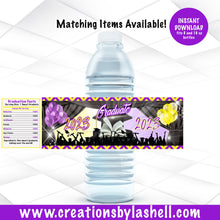 Load image into Gallery viewer, Graduation Water bottle labels Instant Download | Graduation Drink Labels Printable | Purple and Yellow Graduation Favors Printable | G11