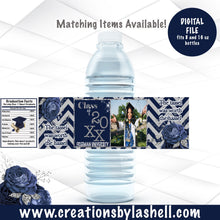Load image into Gallery viewer, Graduation Water Bottle Label Digital File | Navy Blue and Silver Graduation Water Bottle Label Printable | Graduation Favors | G13