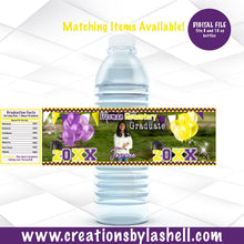 Load image into Gallery viewer, Graduation Water Bottle Label Digital File | Purple and Yellow Graduation Water Bottle Label Printable | Graduation Favors | G14