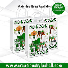 Load image into Gallery viewer, Sisterhood Gift Bag Labels Instant Download | Sorority Favor Bags Label Printable | Green and White Gift Bags SH1