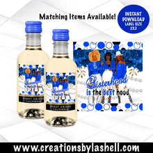 Load image into Gallery viewer, Sisterhood is The Best Hood Mini Wine Labels Instant Download Sorority Mini Wine Labels Printable Blue and White Party Favors SH1
