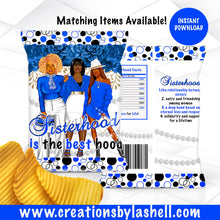 Load image into Gallery viewer, Sisterhood Party Labels Bundle Instant Download Sorority Party Favors Bundle Blue and White Chip Bag Package Printable SH1