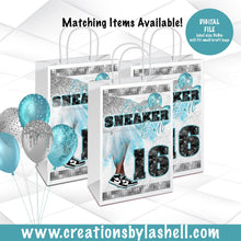Load image into Gallery viewer, Sneaker Ball Gift Bag Template Teal Blue Sneaker Ball Favors Printable Sneaker Ball Theme Party Bags Digital File SB1