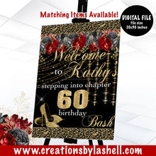 Load image into Gallery viewer, Stepping into Welcome Sign 20 x 30 inch Printable High Heels Birthday Sign Red Black and Gold Welcome Sign Party Sign SI1