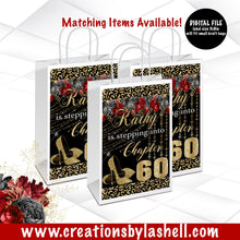 Load image into Gallery viewer, Stepping into Gift Bag Template Birthday Gift Bag Labels Printable Red Black and Gold Favors Bag SI1