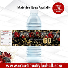 Load image into Gallery viewer, Stepping into Water Bottle Labels Digital File Red Black and Gold Drink Labels Printable Birthday Water Bottle Labels SI1